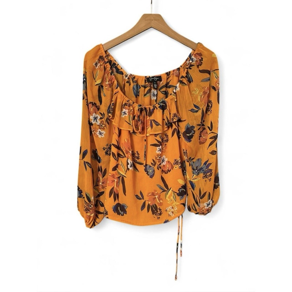 Jessica Simpson Orange Floral Blouse Size Small Boho Chic Long Sleeve Top